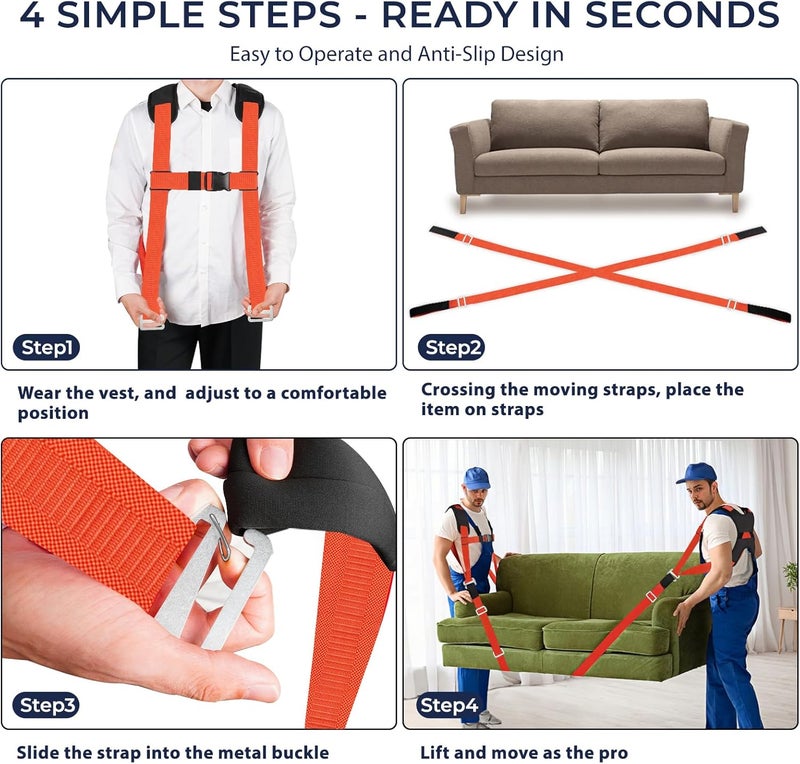 Ytonet Moving Straps, 2-Person Lifting and Moving System, Furniture Lifting Straps with Padded Back Support for Appliance, Mattress, Heavy Objects up to 800 lbs, 145 IN Long Easy to Move, Lift, Orange - Image 5